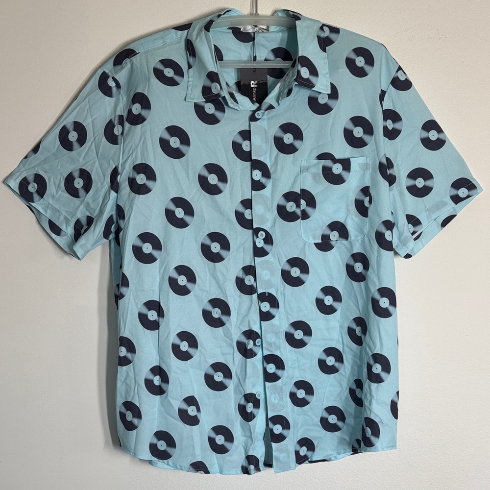Men's Light Blue Record Print Casual Shirt